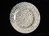 a white plate with a black and white design on it