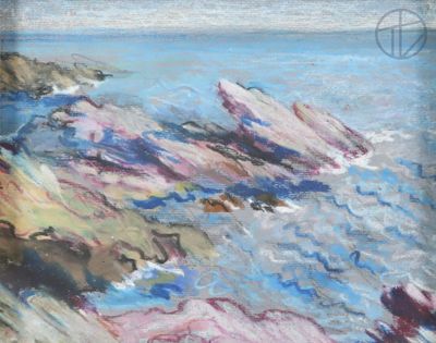 peinture au pastel représentant une plage rocheuse avec un océan et un ciel bleus