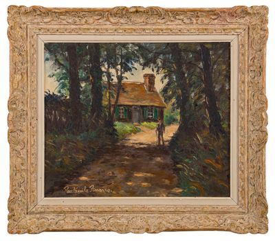 une peinture à l'huile représentant un chalet dans les bois