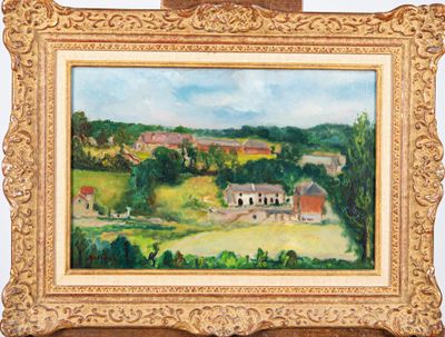 une peinture à l'huile représentant une scène de campagne avec une maison au loin