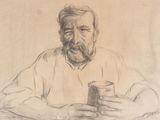 dessin représentant un homme assis à une table, une tasse à la main
