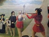 a painting of a man holding a bow in front of a group of people