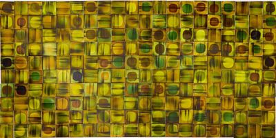 abstract painting of yellow and green circles on a white background