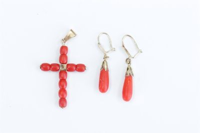 pair of coral and silver cross earrings