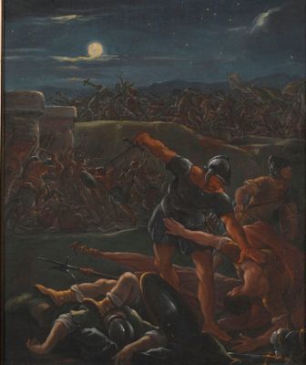tableau représentant un homme à cheval attaqué par un groupe d'hommes