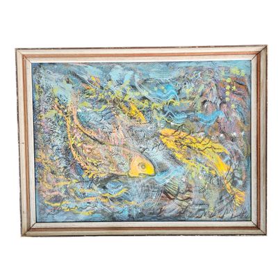 tableau représentant un poisson dans un cadre, sur fond blanc