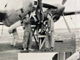 several black and white photos of people standing in front of an airplane