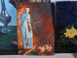 three paintings of a man standing in front of a vase
