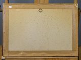 painting on easel in front of a blue wall with a wooden frame