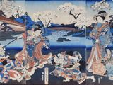 tableau représentant un groupe de femmes vêtues de costumes traditionnels japonais
