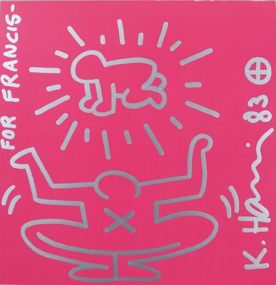 painting of a person sitting in a lotus pose on a pink background