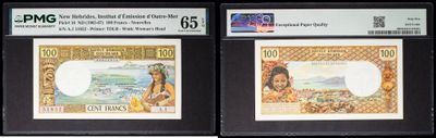 three different types of currency are on display in a display case