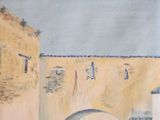 a painting of a building with a clock on it
