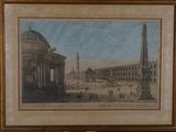 painting of a view of a large building with a clock tower in the background