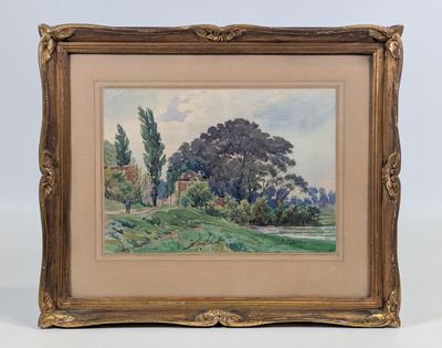 une peinture d'un paysage avec des arbres et une maison au loin