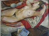 a painting of a naked woman laying on a bed