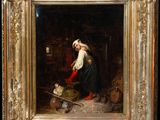an oil painting of a woman in a kitchen with a cat