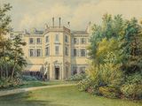 tableau représentant un grand manoir avec, au premier plan, un jardin et des arbres