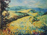 une peinture à l'huile représentant un champ parsemé de fleurs jaunes, avec des collines en arrière-plan