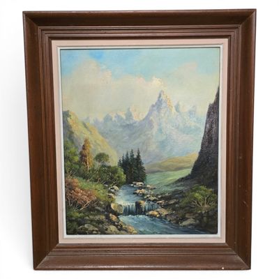 an oil painting of a mountain scene with a stream in the foreground