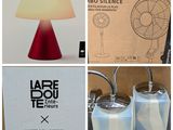 quatre photos différentes d'une lampe de table accompagnée d'une boîte et d'un ventilateur