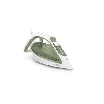 an image of a green and white steam iron on a white surface