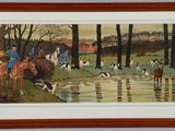 tableau représentant une scène de chasse avec des chiens et des chasseurs dans une zone boisée