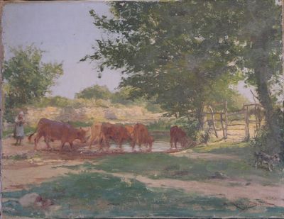 a painting of a group of cows drinking water from a stream