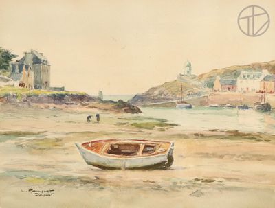 un tableau représentant un bateau au bord de l'eau