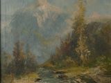 tableau représentant un paysage de montagne avec un ruisseau au premier plan et des arbres au premier plan