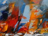abstract painting of a sailboat sailing in rough seas on a sunny day