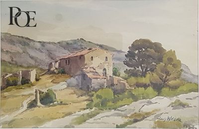 une aquarelle représentant une maison sur une colline