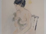 dessin représentant une femme assise sur une chaise, une canne à la main