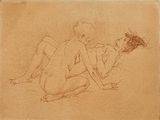 dessin représentant deux nus assis par terre, des fleurs à la main