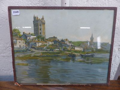 tableau représentant une vue d'une ville avec une tour horloge en arrière-plan