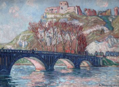 painting of a bridge over a river with a castle on a hill in the background