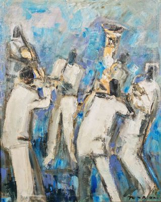 un tableau représentant un groupe d'hommes en uniformes blancs jouant de la musique
