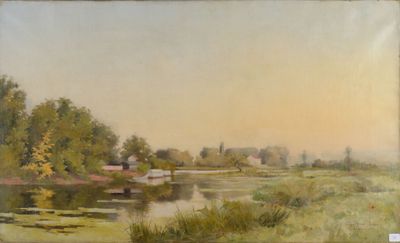 painting of a river scene with a small boat in the water