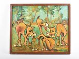 painting of a group of dogs playing with each other in a forest