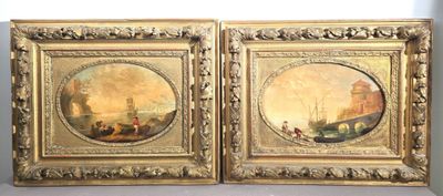 deux tableaux encadrés représentant des bateaux sur une rivière, avec un château en arrière-plan