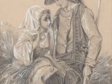 dessin représentant un homme et une femme assis sur un banc dans un champ