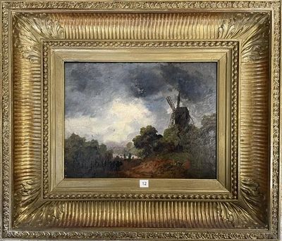une image représentant un tableau d'un moulin à vent sur une colline