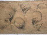 dessin représentant un groupe de têtes sur un morceau de papier brun