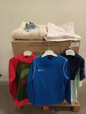 a pile of clothes on a rack in front of a wall