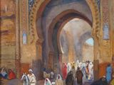 an oil painting of a group of people riding horses in front of a building