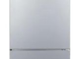 a silver refrigerator freezer sitting on top of a white counter
