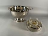 silver plated bowl and glasses on a white background