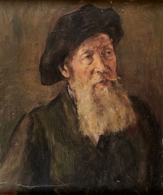 tableau représentant un vieil homme à la longue barbe et coiffé d'un chapeau noir
