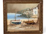 an oil painting of boats on the beach near a building