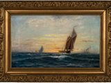an oil painting of a sailboat in the ocean with a sunset in the background